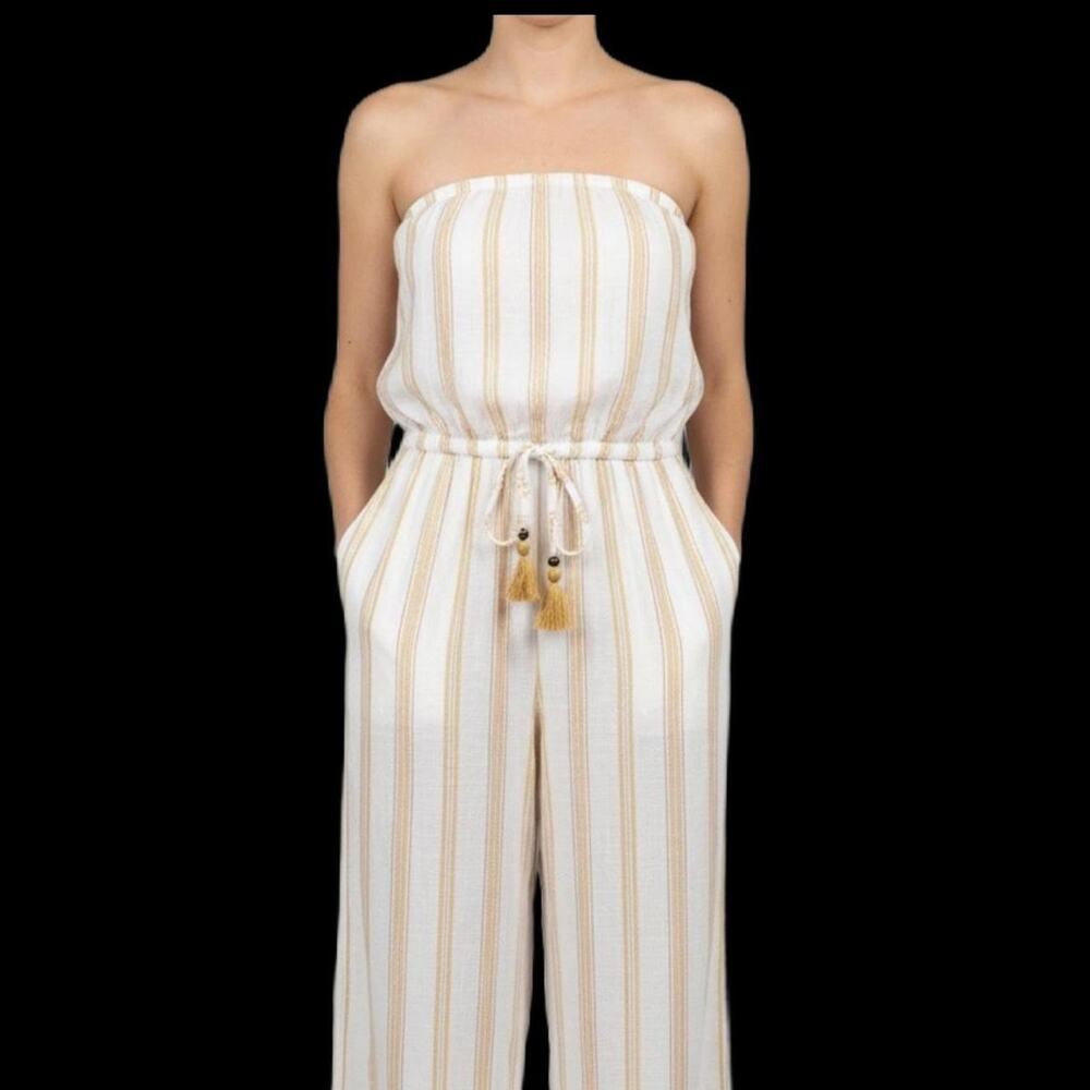 Women’s Blue Island Strapless Striped Wide Leg Jumpsuit Size Large
